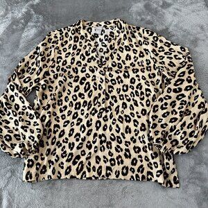 Chico's Leopard Animal Print Balloon Sleeve Blouse Top 2 LARGE 12/14